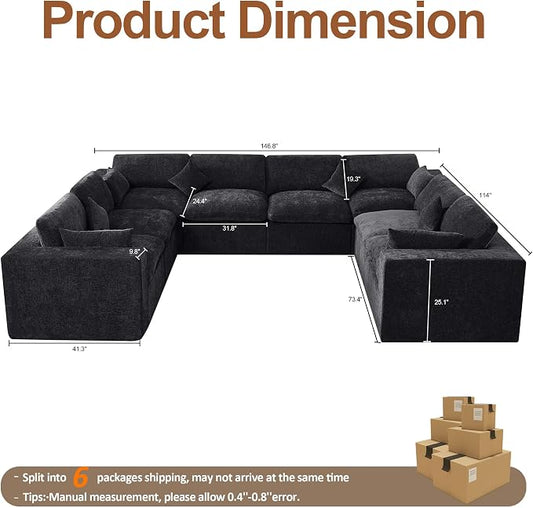146''Cloud Boneless Sectional Couch, Modular Sectional Sofa Deep Seat, Oversized Upholstered Convertible Comfy 8 Seater Chenille Memory Foam Sofa U Shape Couches for Living Room, Dark