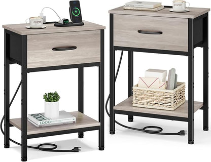 Vagusicc Nightstand Set of 2 with Charging Station, Bed Side Table with Fabric Drawer, Small End Table with 2-Tier Storage Shelves, 25.4" Tall Night Stand Bedside Table for Bedroom Living Room, Greige