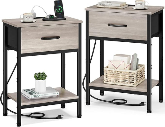 Vagusicc Nightstand Set of 2 with Charging Station, Bed Side Table with Fabric Drawer, Small End Table with 2-Tier Storage Shelves, 25.4" Tall Night Stand Bedside Table for Bedroom Living Room, Greige