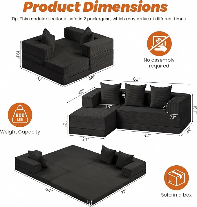 6-in-1 Boneless Couches Modular Sectional Sofa | Cloud Couch Sectional & Tri-Folding Mattress | Corduroy Pet-Friendly Convertible Sofa Bed with 800LB Capacity Living Room, Apartment, Guest Room