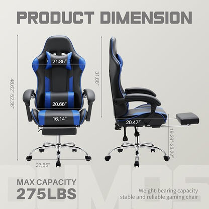 DUMOS Ergonomic Gaming Office Desk Chair with Linkage Armrests for Adults, Height Adjustable Computer Chair with Footrest and Headrest, PU Leather 360° Swivel Recliner with Lumbar Support, Deep Blue
