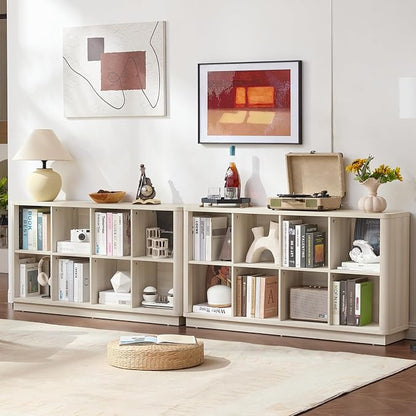 Joaxswe 8 Cube Storage Bookcase, 52" Long Horizontal Book Shelf w/Curved Edge, Wood Low 2-Tier Cubby Console Bookshelf with Base, Modern Floor Standing TV Stand for Living Room, Gray-White Cream Oak