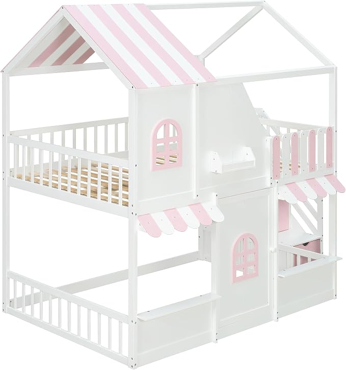 Merax Full Over Full Wood House Bunk Bed with Storage Staircase & Shelves, Floor Multifunction Bunk Bed with Full Length Gardrails for Bedroom,Playhouse Design, Roof & Door, Space Saving,White+Pink
