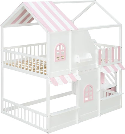 Merax Full Over Full Wood House Bunk Bed with Storage Staircase & Shelves, Floor Multifunction Bunk Bed with Full Length Gardrails for Bedroom,Playhouse Design, Roof & Door, Space Saving,White+Pink