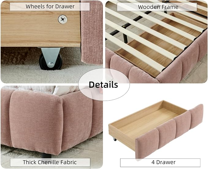KEIKI King Thick Chenille Bed Frame with 4 Storage Drawer & Upholstered Tufted Headboard, Modern Solid Wood Floor Platform for Bedroom, No Box Spring Needed
