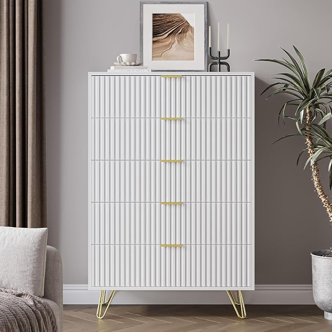 MAISONARIA 5 Drawers Dresser for Bedroom, 47" Tall Modern Chest of Drawers with Gold Handle, Fluted Wood Dresser for Bedroom, Living Room, Hallway, Entryway, White