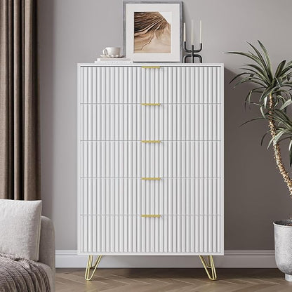 MAISONARIA 5 Drawers Dresser for Bedroom, 47" Tall Modern Chest of Drawers with Gold Handle, Fluted Wood Dresser for Bedroom, Living Room, Hallway, Entryway, White