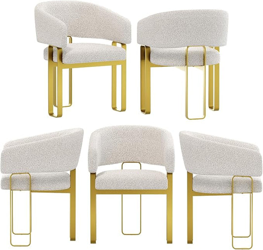 Gold Dining Chair with Arms, Luxury Off White Boucle Upholstered Barrel Dining Room Chairs with Armrest & Brushed Gold Metal Frame for Kitchen(5 PCS)