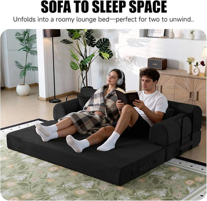 78.8" Boneless Memory Foam Couch, Corduroy Convertible Floor Sofa Bed, Fold-Out Sleeper Futon Loveseat, Wide Armrests & Supportive Back, 1200 lb, Couch in a Box, 2 Pillows, Black