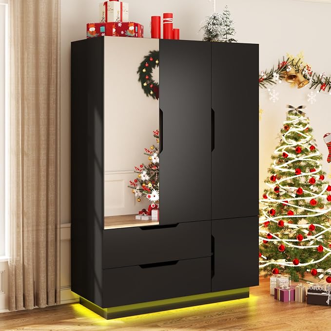 Hlivelood 3 Doors Armoire Wardrobe Closet with Mirror,2 Large Drawers, LED Light Wood Wardrobe Closet, Armoire with Hanging Rod for Bedroom, Black
