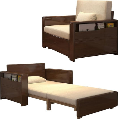 48" 3-in-1 Storage Sleeper Sofa Bed, Walnut Finish Solid Wood Frame | Solid wood sofa for living rooms, apartments & offices — single-size, it works as a guest bed to maximize small space.