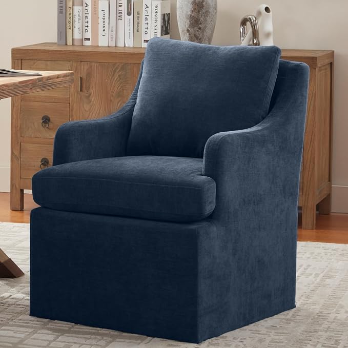 VKNOW Upholstered Dining Chairs Set of 2, Modern Kitchen Chairs Dinner Chairs with 4 Casters, Chenille Armchair for Bedroom Reading Room Living Room, Blue