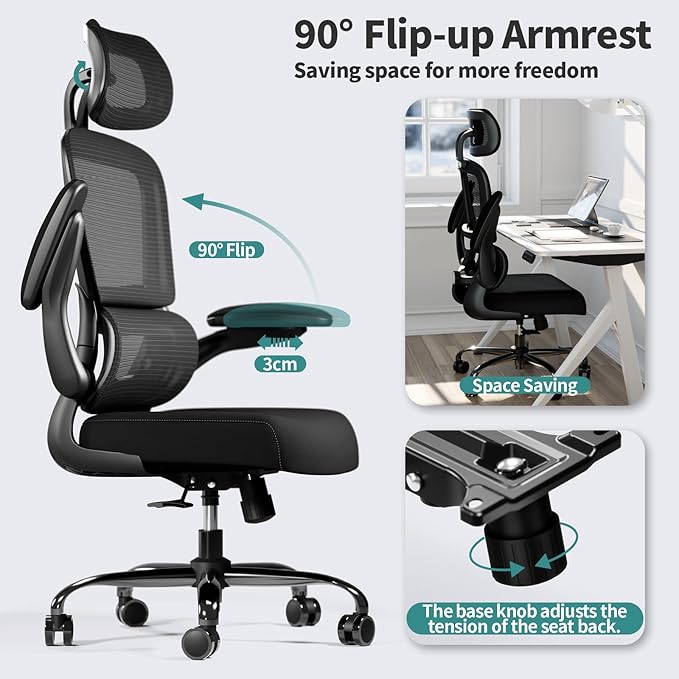 TRALT Office Chair Ergonomic Desk Chair, 330 LBS Home Mesh Office Desk Chairs with Wheels, Comfortable Gaming Chairs Black Pack of 3