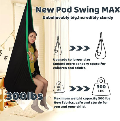 HiCamer Sensory Swing for Kids Indoor and Outdoor Pod Hammock Chair Seat Upgrade Max 300 lbs Hanging Swing with Inflatable Cushion Includes Hardware Hanger Kit for Aspergers Autism ADHD (Black)
