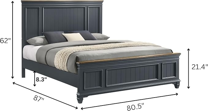 Roundhill Furniture Riverton Wood 3-Piece Bedroom Set, Shiplap Panel King Bed with 2 Nightstands in Slate Blue