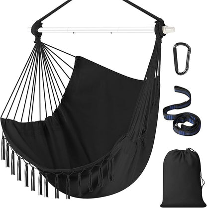 Hammock Chair Hanging Chair Heavy Duty 500 Lbs, Hanging Hammock Chair with Steel Spreader Bar & Adjustable Straps, Indoor Outdoor Hammock Swing for Bedroom Patio Porch Balcony Backyard Camping -Black