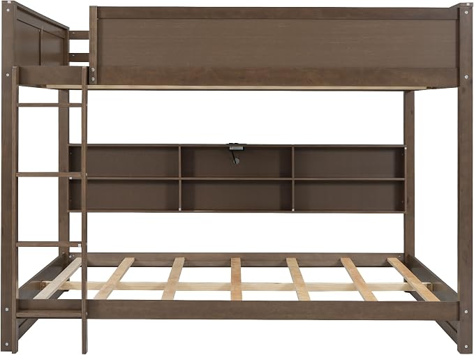 Wood Bunk Bed Queen over Queen Size with Built-in Storage Cabinets and USB Ports, Versatile Bunk Bed Frame with Ladder and Guardrail for Kids Teens Adult, Maximize Space (Antique Wood-9.30)