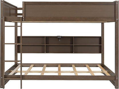 Wood Bunk Bed Queen over Queen Size with Built-in Storage Cabinets and USB Ports, Versatile Bunk Bed Frame with Ladder and Guardrail for Kids Teens Adult, Maximize Space (Antique Wood-9.30)