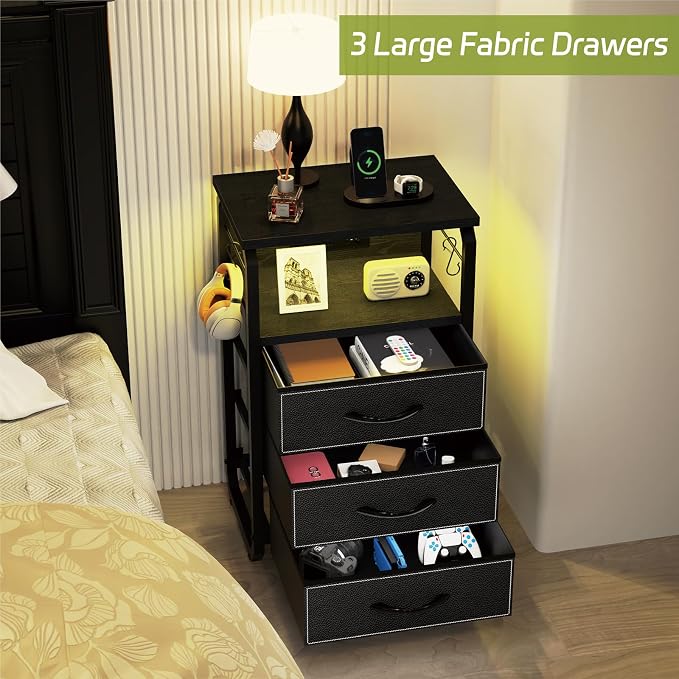 runjuly Bedside Table with 3 Fabric Drawers, LED Nightstand with Hooks, Metal Night Stand, Small End Table with Charging Station and Storage, Night Table for Bedroom, Modern Black