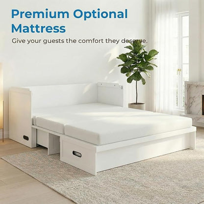 Mjkone Queen Murphy Bed with Mattress Include, Murphy Cabinet Bed with USB Charging Station, Hidden Cube Cabinet Beds with Large Storage Drawer for Bedroom Guest Room Home Office, White