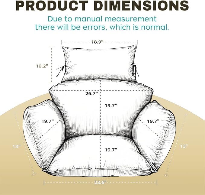 Egg Chair Cushion Replacement, Waterproof Thicken Hanging Egg Swing Chair Cushion for Outdoor Furniture, Wicker Rattan Hammock Basket Cushion with Headrest Pillow 47x31.5x4.7 inch(Khaki)