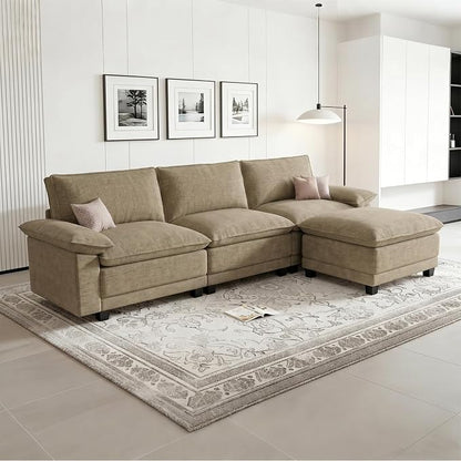 Modern L Shaped Sofa Couches for Living Room, Modular Sectional Cloud Couch with Movable Ottoman, Comfy Chenille Sofa for Apartment and Small Space, Light Yellow