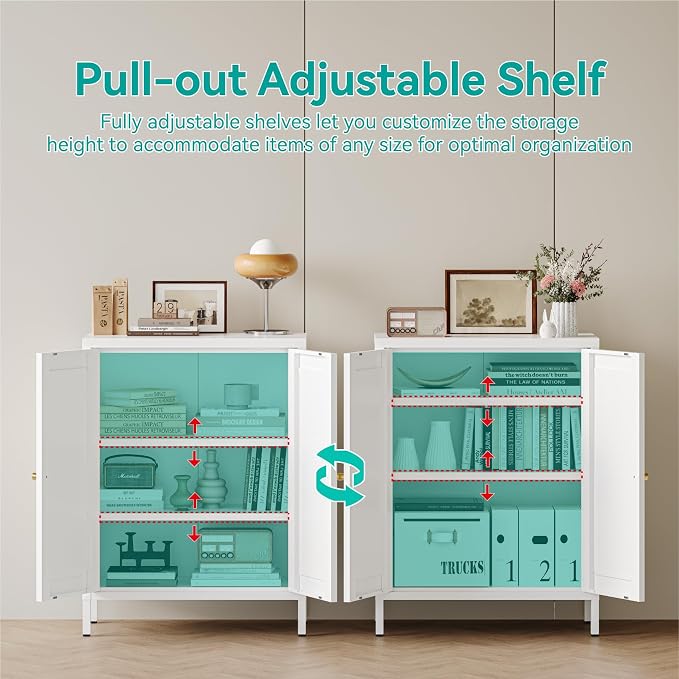 Small Metal Storage Cabinet,23.6 Inch Wide 11.8 Inch Deep,Bathroom Cabinet with Adjustable Shelves,3-Tier 31.5" Tall Shaker Cabinet for Kitchen Entryway Living Room,White