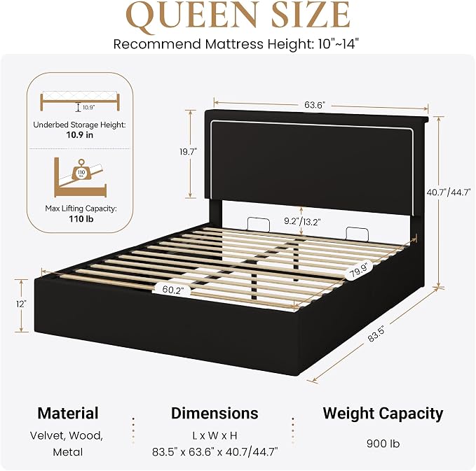 SHA CERLIN Queen Size Hydraulic Lift-Up Storage Platform Bed Frame with Charging Station, RGB LED Lights, Adjustable Velvet Headboard, USB-A and USB-C Ports, No Box Spring Needed, Black