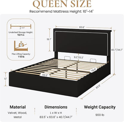 SHA CERLIN Queen Size Hydraulic Lift-Up Storage Platform Bed Frame with Charging Station, RGB LED Lights, Adjustable Velvet Headboard, USB-A and USB-C Ports, No Box Spring Needed, Black
