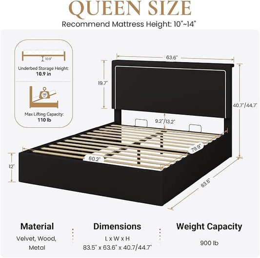 SHA CERLIN Queen Size Hydraulic Lift-Up Storage Platform Bed Frame with Charging Station, RGB LED Lights, Adjustable Velvet Headboard, USB-A and USB-C Ports, No Box Spring Needed, Black