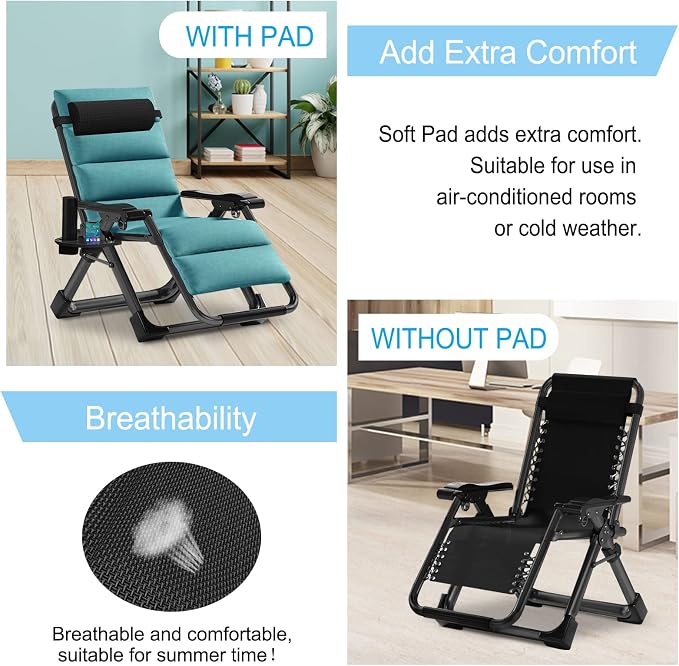 DoCred Zero Gravity Chair, Lawn Recliner, Reclining Patio Lounger Chair, Folding Portable Chaise with Detachable Headrest and Cup Holder