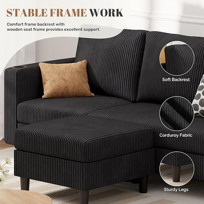 Luxanimarion Upholstered Sectional Sofa and Couches, 78'' L Shaped 3-seat Sofa forLiving Room, Apartment,Lounge,Bedroom-Washable Covers Convertible Sofas(Corduroy Fabric,Black)