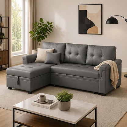 Naomi Home 84" L-Shaped Sectional Sleeper Sofa with Pull Out Bed | Sleeps Guests Comfortably, Stores Essentials in Chaise & Saves Space, Air Leather, Gray Convertible Sofa Bed