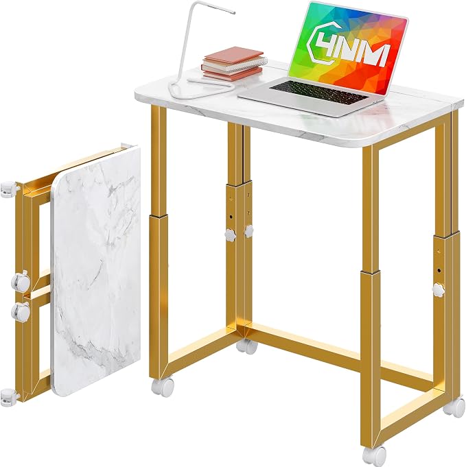 4NM No Tool Assembly 23.6" Small Desk, Folding Portable Desk with Wheels, Adjustable Height Foldable Computer Home Office Desks, Collapsible Study Writing Table for Space Saving Bedroom - White Gold