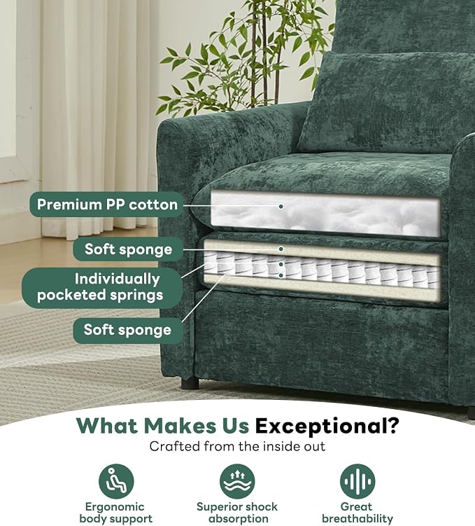 Iroomy Modern Accent Armchair – Cloud-Like Single Sofa with Pocket Spring Seat, Soft Chenille Fabric, Removable Cover, Cozy Lumbar Support for Living Room, Bedroom, Apartment, Green