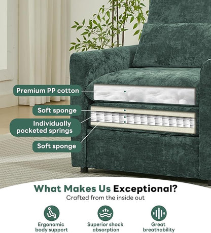 Iroomy Modern Accent Armchair – Cloud-Like Single Sofa with Pocket Spring Seat, Soft Chenille Fabric, Removable Cover, Cozy Lumbar Support for Living Room, Bedroom, Apartment, Green