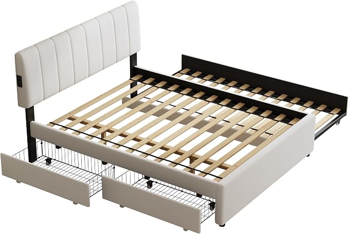 Queen Size Upholstered Platform Bed w/Trundle Bed & 2Storage Drawers | Twin Size Trundle,Two Drawers,LED Lighting Controlled by APP, USB+Type-C Charging Ports,Chenille Upholstered Bed Frame,Beige