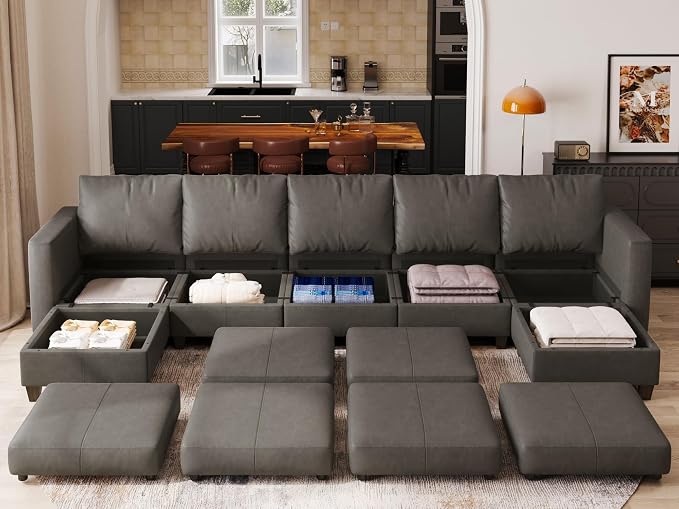 EASE MOOSE Faux Leather Sectional, Modular Sectional Sofa with Storage, Faux Leather Modular U Shaped Couches for Living Room, Grey