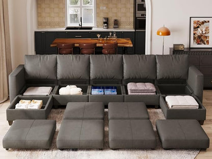 EASE MOOSE Faux Leather Sectional, Modular Sectional Sofa with Storage, Faux Leather Modular U Shaped Couches for Living Room, Grey