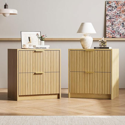 MAISONARIA 3-Piece Dresser Bedroom Set, 6 Drawer Dresser & 2 Drawer Nightstands with Gold Handles, Fluted Wood Chest of Drawers for Bedroom, Living Room, Entryway, Nature