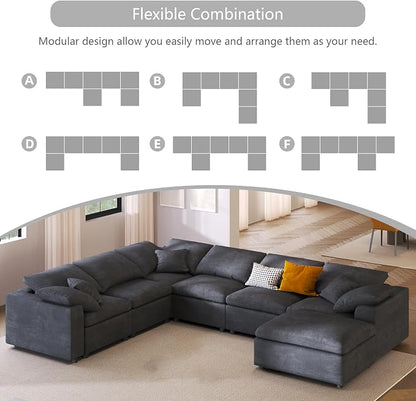 Oversized Modular Sectional Sofa Couch, Large 7 Seater Corner Sofa Modern U Shaped Sectional Couch with Ottoman Cloud Couches for Living Room, Office, Spacious Space, Gray