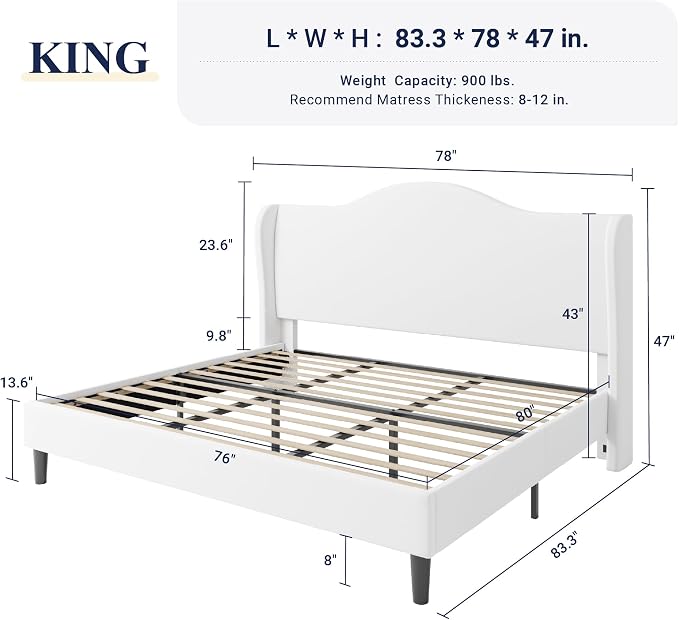 Allewie King Size Bed Frame, Upholstered Wingback Platform with 47" Tall Tufted Headboard, Plush Velvet Fabric, Modern Minimalist Design, No Box Spring Required, Tool-Free Assembly, White