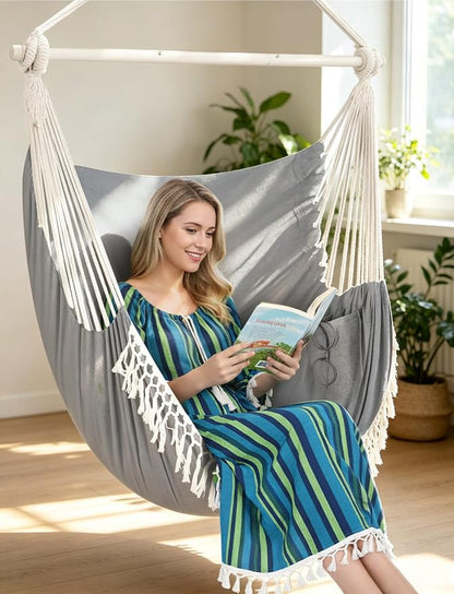 Chihee Hammock Chair 4.9ft x 3.9ft Max 500 Lbs Widen Hanging Swing 2 Cushions Included Metal Spreader Bar with Anti-Slip Grooves Portable Comfy Hanging Chair Side Pocket Bohemian Chair Indoor Outdoor