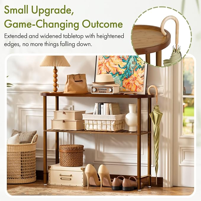 Farmhouse Entryway Table Bamboo 39.4", Narrow Console Table Oval Top, Behind Sofa Table with Anti-fall Edge, TV Stand for Living Room, Indoor Outdoor Plant Stand, 5min Easy Assembly, Dark Walnut