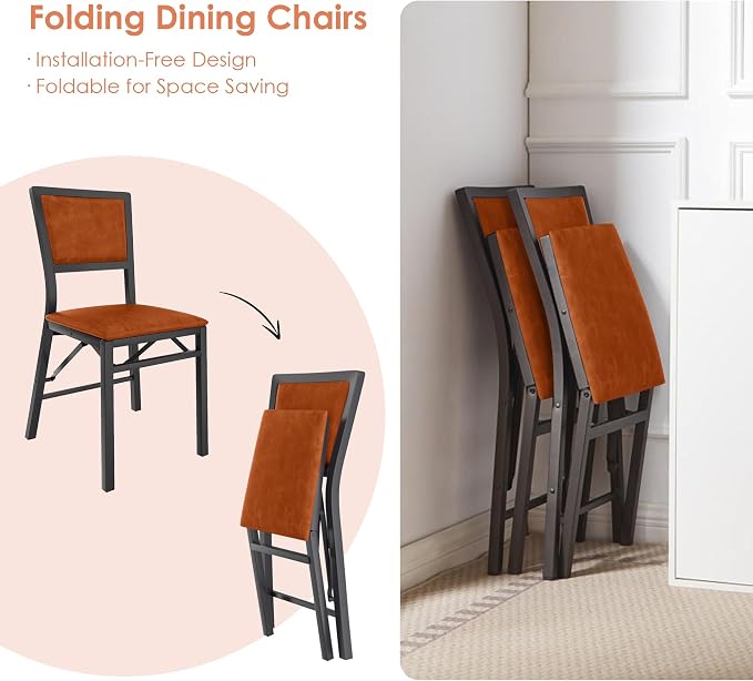 VECELO Folding Dining Chairs Set of 2, Metal Padded Foldable Seating with Comfortable Faux Leather, Space-Saving Portable Guest Seats for Kitchen & Office, No Assembly, Cognac Brown