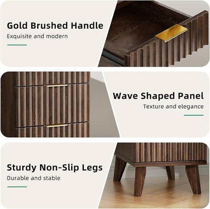 Kalrin Narrow Nightstand with Hidden Outlets & USB Ports, Modern Fluted Bedside Table with 3 Drawers, Engineering Wooden End Tables for Bedroom and Living Room(Vintage Brown)