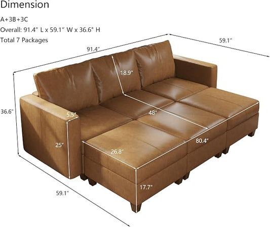EASE MOOSE Faux Leather Sectional Modular Sofa Couch,Sleeper Modular Sectional Sofa Couch Bed Brown