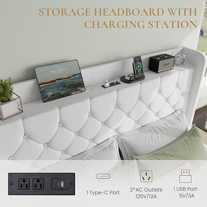 SHA CERLIN King Size Platform Bed Frame with Charging Station, Velvet Wingback Headboard with Storage Shelf, Wooden Slats Support, Ample Under-Bed Space, No Box Spring Needed, Easy Assembly, White
