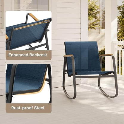 Aiho 3 Piece Rocking Bistro Set, Textilene Fabric Patio Furniture Set, Front Porch Rocker Chairs with Coffee Table for Lawn, Garden, Balcony, Poolside (Blue)