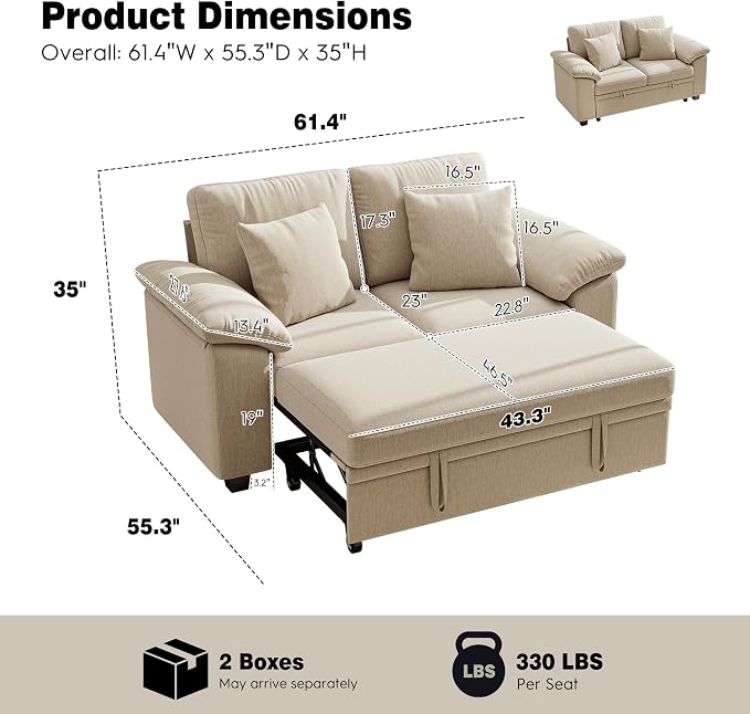 Ihanherry 61" Loveseat Sleeper Sofa, 2-in-1 Pull Out Couch Bed with 2 Pillows, Chenille Convertible Sofa Bed, Small Space Sleeper Couch for Living Room Apartment (Sand)
